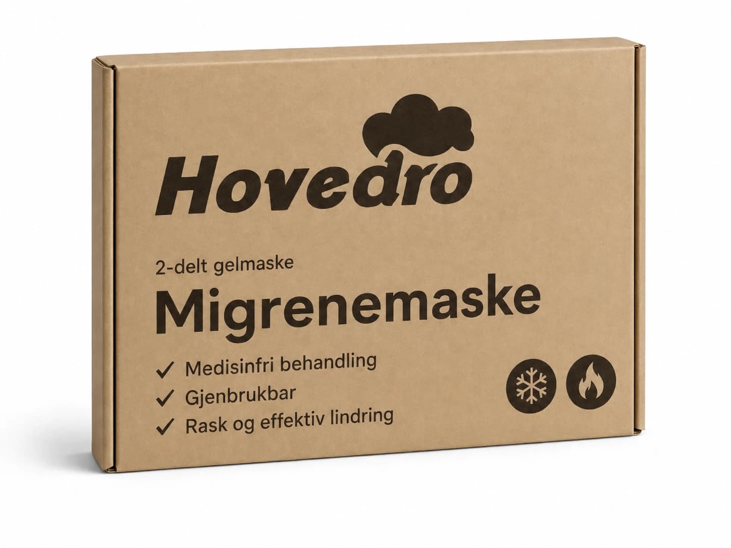 Emballasje til Hovedro migrenemaske sett skrått forfra